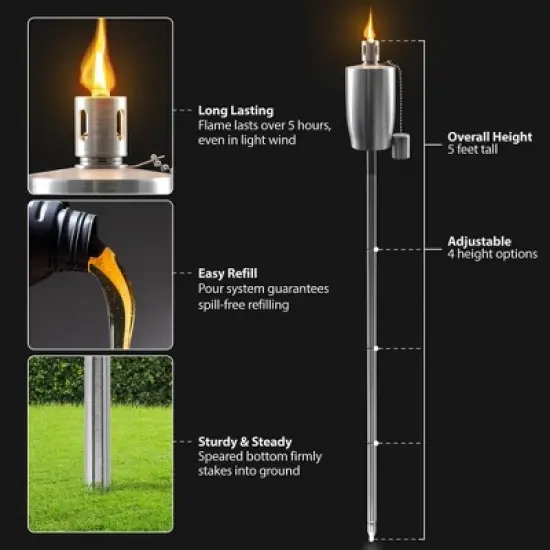 Sorbus 5 ft Set of 2 Stainless Oil Burning Cylinder Shape Steel Torch - Great for backyard decorating and lawn lighting image {6}