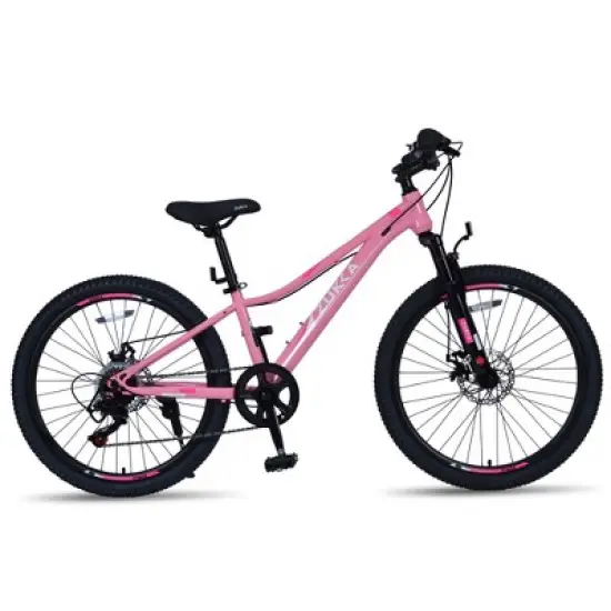 Gulches Kids' Mountain Bike 24 Inch, Shimano 6-Speed, Reinforced Steel Frame, Dual Disc Brakes, Black Leather Saddle, for Boys & Girls image {6}