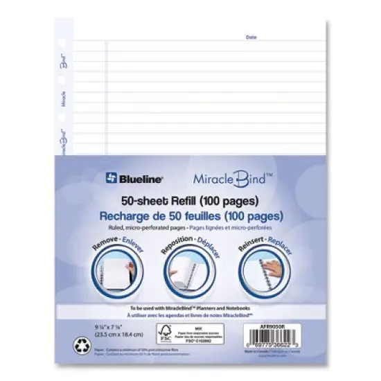 Blueline MiracleBind Ruled Paper Refill Sheets for all MiracleBind Notebooks and Planners, 9.25 x 7.25, White/Blue Sheets, Undated image {2}