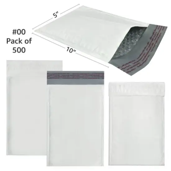 UOFFICE Pack of 500 Poly Bubble Mailer Bags 5"x10"- #00 Padded Envelopes image {1}