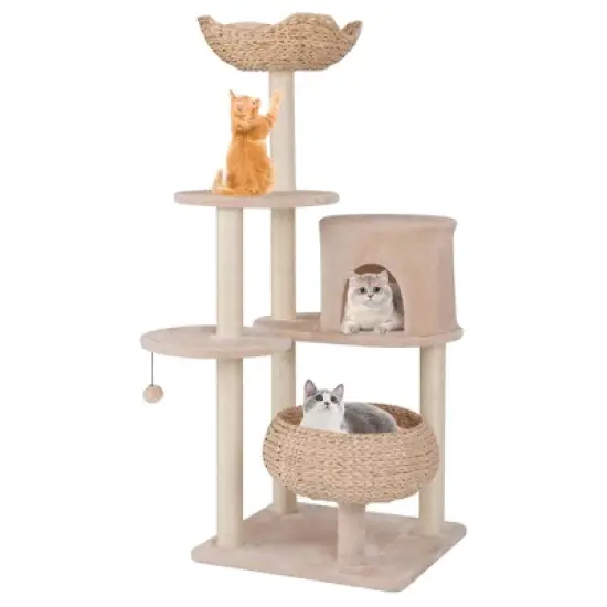 Costway 58" Cattail Cat Tower with Sisal Scratching Posts Perch Basket Ball Condo image {10}