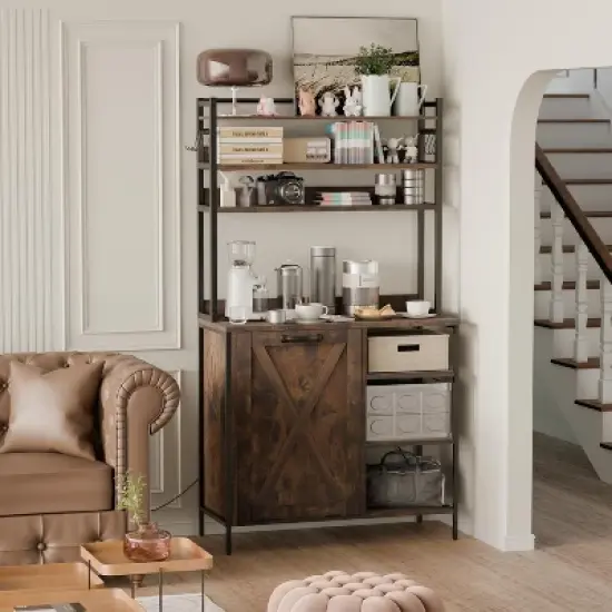 spanspace 66" Kitchen Bakers Rack with Tilt-Out Trash Cabinet with Power Outlet, Removable Drawers & 6 Hooks, Fits 10-Gallon Bins image {8}