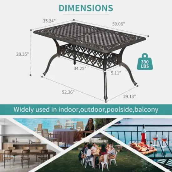 59'' Cast Aluminum Outdoor Dining Table Outdoor Patio Table for 6 Patio Dining Table with 2" Umbrella image {2}