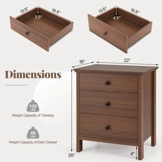 Costway 2PCS Nightstand with 3 Drawer for Bedroom  Compact Storage Chest Modern Sofa Side image {2}