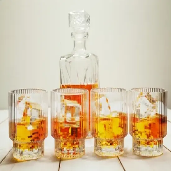 American Atelier Vintage Art Deco 9 oz. Fluted Drinking Glasses Set of 4, Old Fashion Tumbler for Cocktails, Ribbed Lowball Glass Cup, Clear image {7}