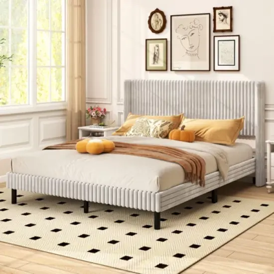 Costway Queen Size Velvet Bed Frame Upholstered Platform Bed with Wingback Headboard image {3}