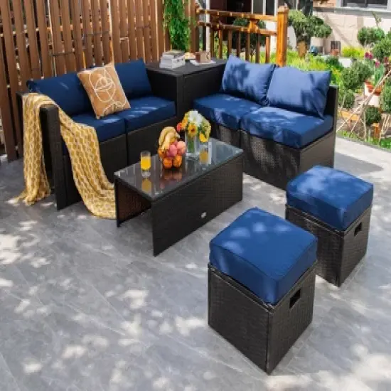 Costway 8PCS Patio Rattan Furniture Set  Space-Saving Storage Cushion Black\Turquoise\Navy cover image {11}