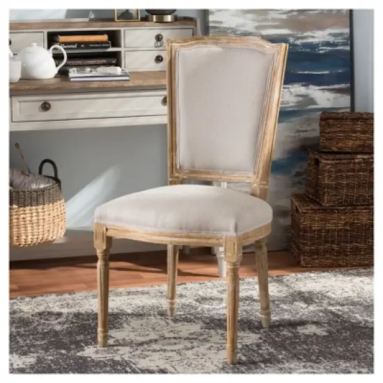 Cadencia French Vintage Cottage Weathered Oak Wood Finish and Fabric Upholstered Dining Side Chair - Beige - Baxton Studio image {5}