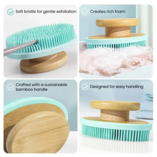 LiBa Silicone Body Scrubber - Soft Shower Brush with Bamboo Handle, image {3}
