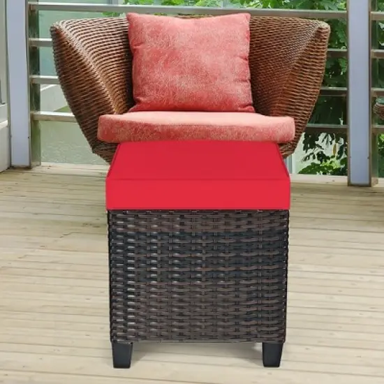 Costway 2PCS Patio Rattan Ottoman Cushioned Seat Foot Rest Coffee Table Red image {2}