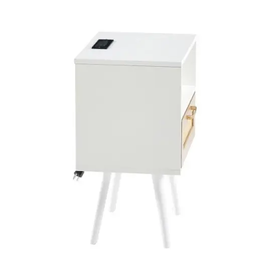 Mid-Century Modern Nightstand,15.75" Rattan Night Stands with Power Outlet & USB Ports,Drawer Solid Wood Legs, Bedroom Night Stand image {3}