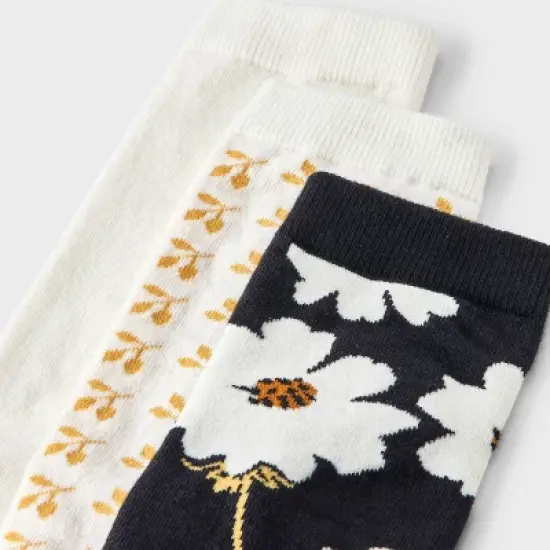 Women's Floral 3pk Crew Socks - A New Day&trade; Black/Ivory/Gold 4-10: Tagless, Smooth Toe Seams image {2}