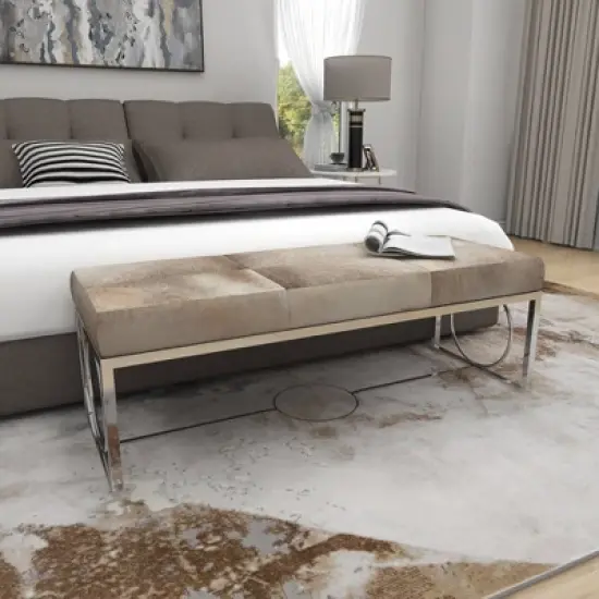 Contemporary Decorative Stainless Steel Cowhide Bench Silver - Olivia & May image {7}