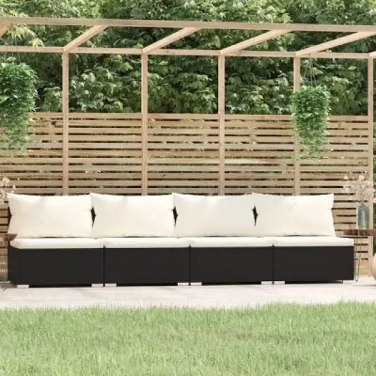 vidaXL Black Patio Furniture Poly Rattan - Cream Cushions -4 Seats image {1}