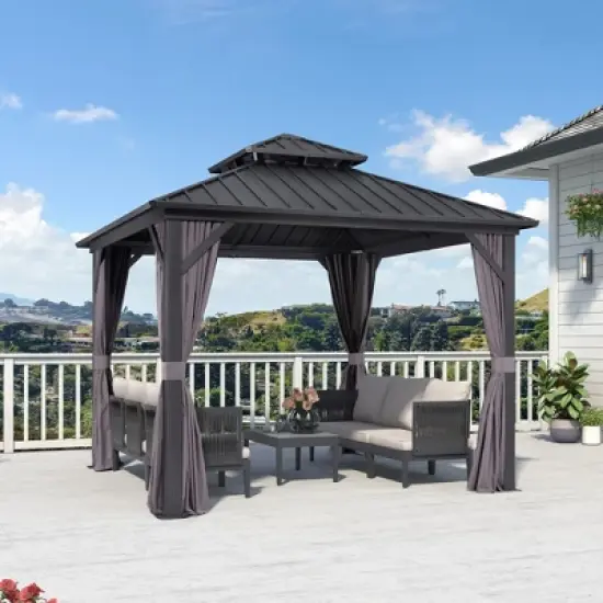 PURPLE LEAF Permanent Hardtop Gazebo Aluminum Frame Gazebo with Galvanized Steel Double Roof, UV-Resistant, Netting & Curtains included - Grey image {10}