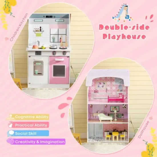 Costway Kids Kitchen Playset & Dollhouse 2-In-1 W/ Accessories & Furniture For Toddlers image {4}