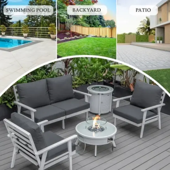 LeisureMod Walbrooke 4-Piece Outdoor Patio Conversation Set &ndash; White Trim Fire Pit Table with Cushioned Ottoman for Patio, Deck, Balcony & Backyard image {3}