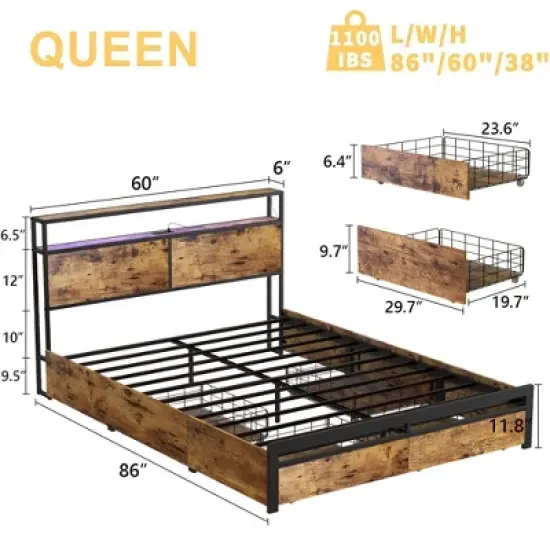 HAUSOURCE Queen Size Platform Bed Frame with Headboard, 4 Storage Drawers, Color Changing Lights, 2 Charging Outlets and 2 USB Ports, Rustic Brown image {1}