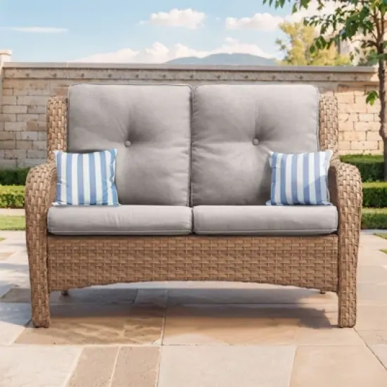 Buenhomino Outdoor Patio Couch Wicker Sofa Loveseat- 2 Seater Rattan Sofa for Outside Patio Garden with Deep Seating and Olefin Cushions image {8}