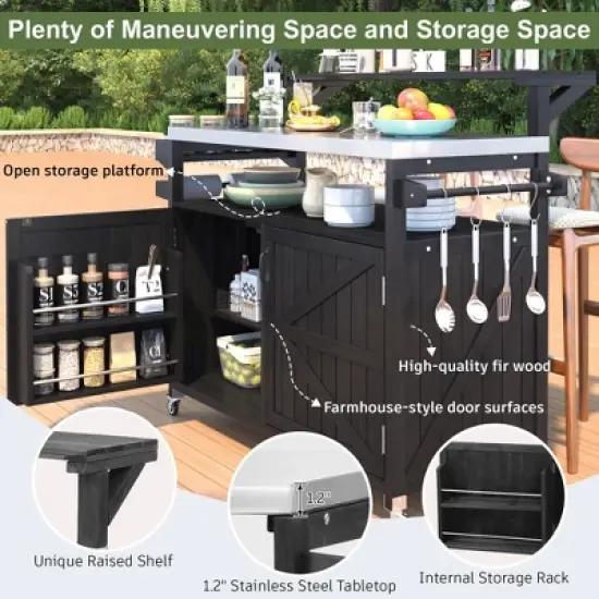 Whisen Outdoor Solid Wood Kitchen Island with Raised Shelf, Storage Cabinet with Stainless Steel Top, Internal Storage Rack image {6}