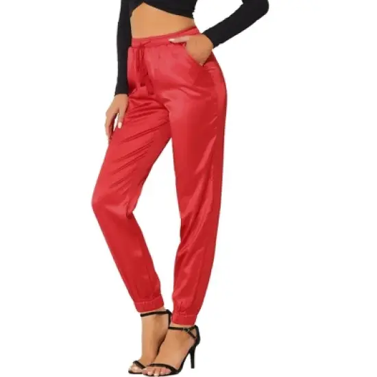 Allegra K Women's Drawstring Elastic Waist Athleisure Pants Ankle Length Satin Joggers with Pocket image {21}