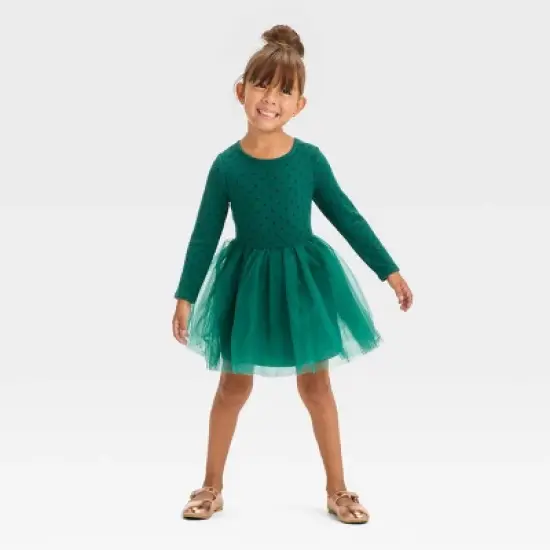 Toddler Girls' Dot Long Sleeve Knit Tulle Dress - Cat & Jack&trade; Green image {2}
