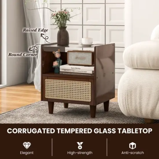 Tangkula Bamboo Rattan Nightstand Boho Bedside End Table w/ Drawer & Wood Legs image {5}