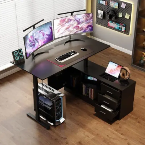 Famapy Gaming Height-Adjustable Desk with Storage & Electric Lift Top,Reversible Left-Right Study/Computer Desk,Sit-Stand Gaming Workstation image {13}