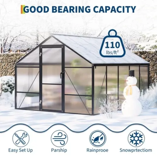 8x10 FT Aluminum Large Walk-in Green House Polycarbonate Greenhouse with Roof Vent Ground Nails Lockable Push Door image {5}