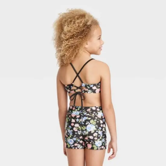 Girls' Tea Party Floral Bike Shorts with Adjustable Back Top Set - art class&trade; Black image {2}