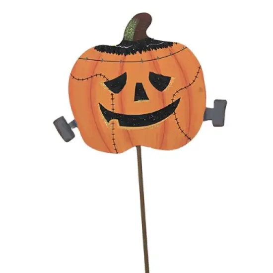 Halloween Costume Pumpkin Trio  -  Three Garden Stakes 26 Inches -  Mummy Frankenstein Witch  -  F20050  -  Metal  -  Orange image {2}