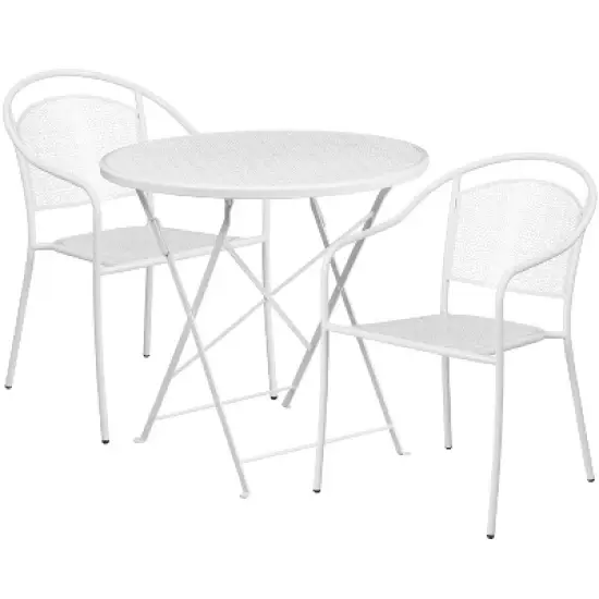 Emma and Oliver Commercial Grade 30" Round Metal Folding Patio Table Set w/ 2 Round Back Chairs image {4}