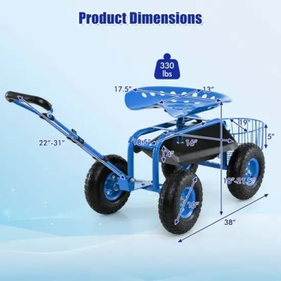 Costway Garden Cart Patio Wagon Roll Work Seat with Tray Basket Extendable Handle Blue/Red/Green image {2}
