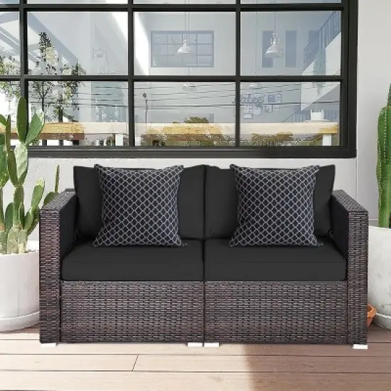 Tangkula 2-Piece Patio Wicker Corner Sofa Set Rattan Loveseat with Removable Cushions image {1}