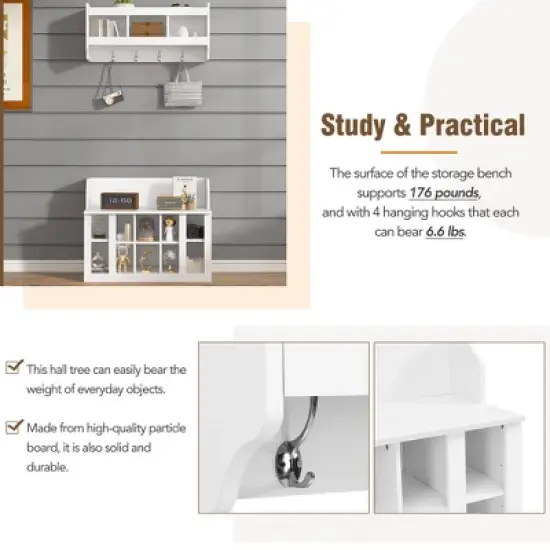 MOEPISY Elegant Hall Tree with Wall Mounted Coat Rack, Entryway Organizer For Hallway, Foyer, Mudroom, White image {5}