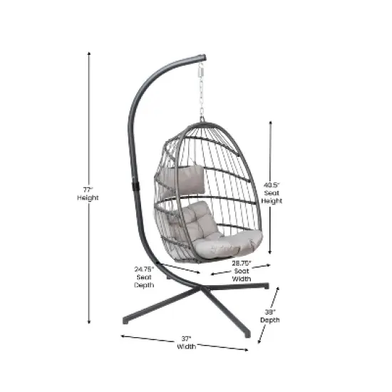 Merrick Lane Foldable Woven Hanging Egg Chair in Gray with Removable Gray Cushions and Stand for Indoor and Outdoor Use image {10}