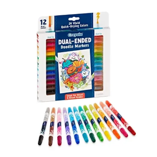 Crayola 12pk Doodle & Draw Dual Ended Doodle Markers: Artist Broad Point, Multicolored, Choking Hazard Warning image {1}