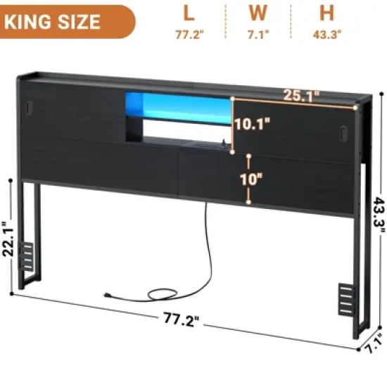 Aheaplus King Headboard with Storage Cabinet, Headboard with Sliding Doors, Charging Station image {5}