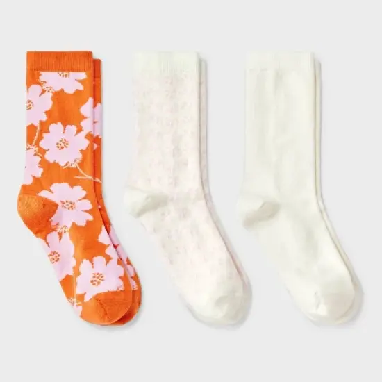 Women's Floral 3pk Crew Socks - A New Day&trade; Orange/Pink/Ivory 4-10: Tagless, Smooth Toe Seams image {3}