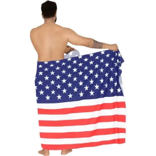 LA LEELA Men's Patriotic 4th of July USA Flag Swimwear Summer Sarong Swim Trunk Pareo Beach Wrap One Size Pearl Stars and Stripes image {3}