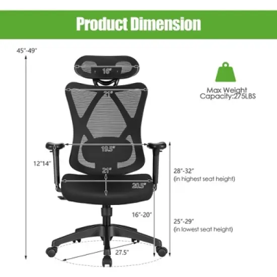 Costway Ergonomic High Back Mesh Office Chair w/ Adjustable Lumbar Support image {7}