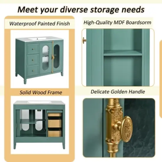 36" Solid Wood Bathroom Vanity with Soft Close Doors, 3 Drawers & Ceramic Sink, White/Lake Green Modern Storage Cabinet - ModernLuxe image {3}