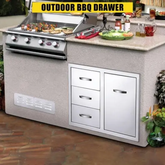 Stainless Steel Outdoor Kitchen Cabinet Door Set - Left Drawer + Right Door , NSF Double Wall, Includes Vent Panel for Grill/BBQ Islands & Fire Pits image {7}