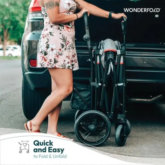 WONDERFOLD X2 Push & Pull Double Stroller Wagon with 5 Point Harnesses, Adjustable Push Handle, Telescopic Handle, and Removable UV-Protection Canopy image {4}