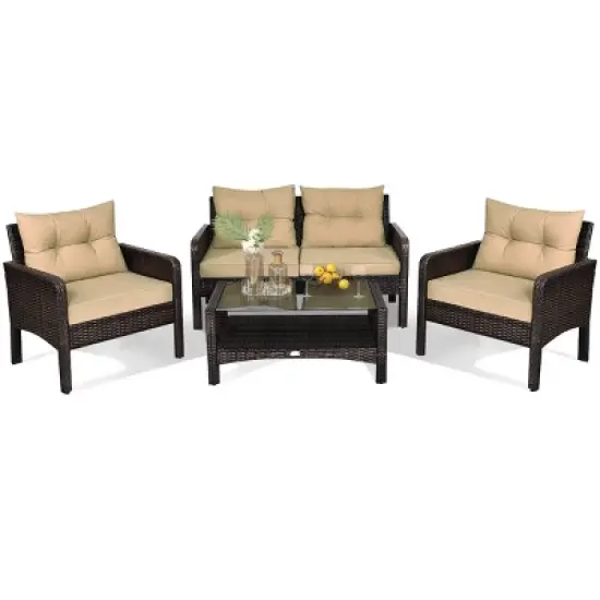 Tangkula 4 Pieces Patio Conversation Set Rattan Wicker Loveseat Sofa Coffee Table & Glass Top image {1}