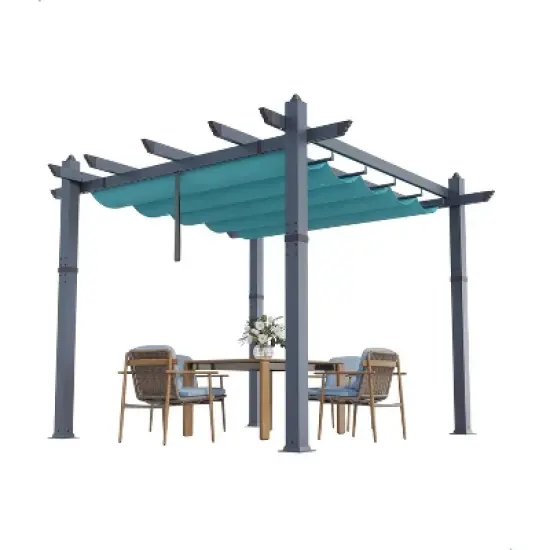 Retractable Aluminum Pergola &ndash; 10x10/10x13 Ft Wood-Grain Design, Adjustable Sunshade & Rust-Proof Frame for Patio/Backyard/Garden image {2}