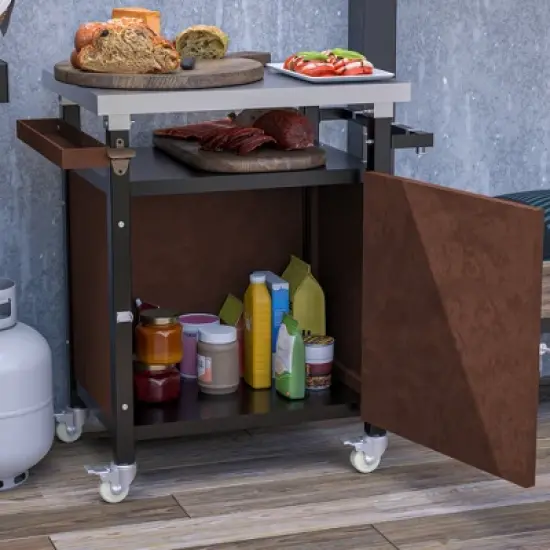 Outdoor Grill Cart with Storage, Stainless Steel Tabletop Kitchen Island, Movable BBQ Prep Table with Hook & Spice Rack, Rolling Serving Cart image {8}