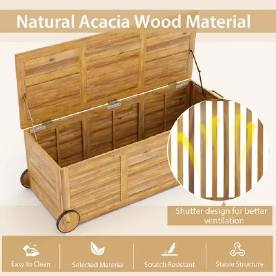 Costway 48 Gallon Acacia Wooden Patio Storage Deck Box Outdoor Storage Box with Wheels image {6}