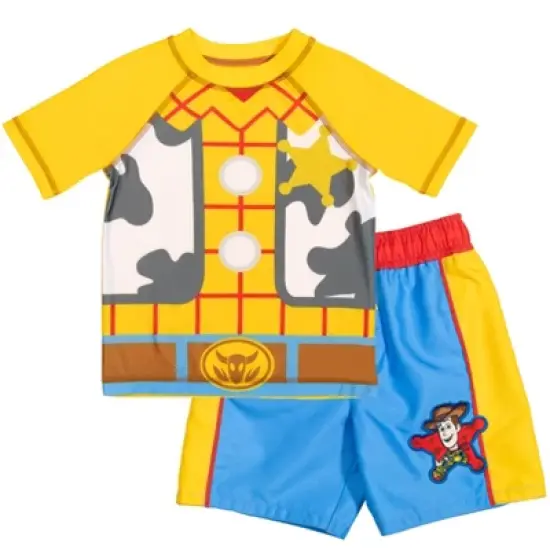 Disney Pixar Toy Story Alien Rex Slinky Dog Woody Baby Pullover Rash Guard and Swim Trunks Outfit Set Infant to Little Kid image {9}