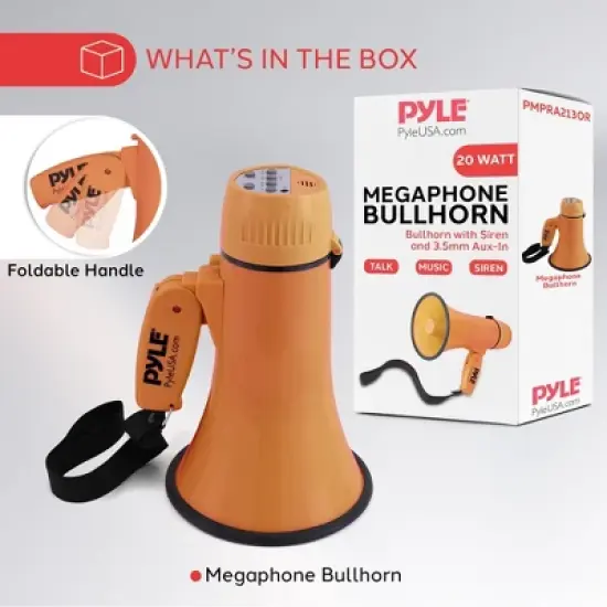 Pyle 20W Lightweight Bullhorn Megaphone, PMPRA213OR - MP3 Input, Siren, MIC/TALK (Orange) image {5}